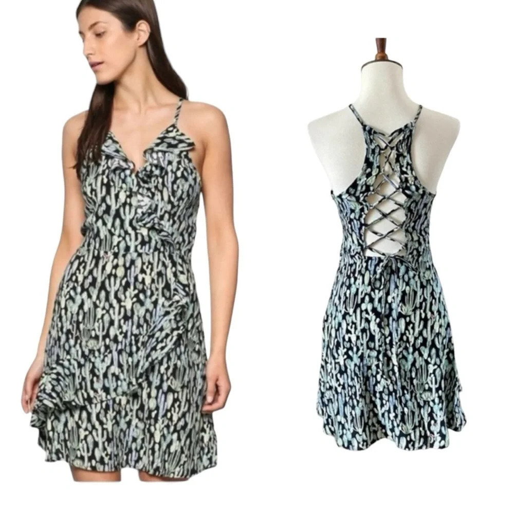 Ramy Brook Dress Halter Open Back Mini Dress Green Cactus Print Size XXS NWT